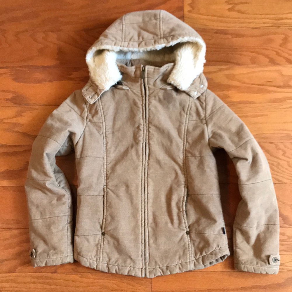 Khaki color Corduroy Coat w Faux Fur Hood